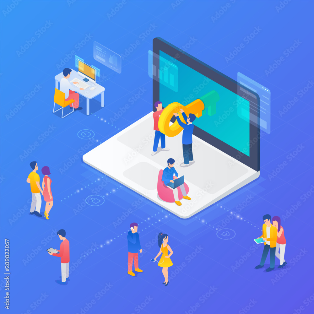 Aufkleber digital internet security isometric vector illustration concept. key in mobile phone smartphone with