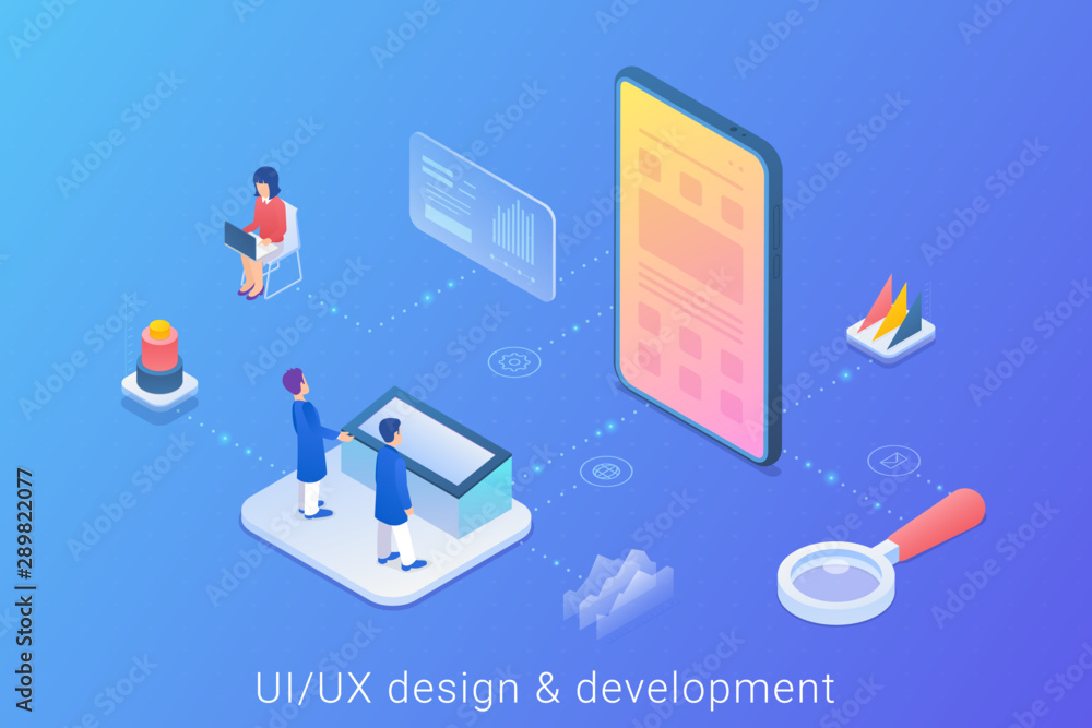 Poster ui ux app design development isometric flat vector illustration.