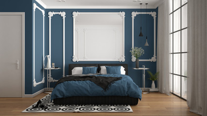Modern blue colored bedroom in classic room with wall moldings, parquet, double bed with duvet and pillows, minimalist bedside tables, mirror and decors. Interior design concept