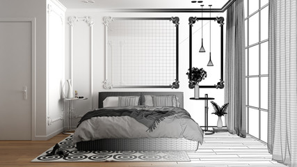 Architect interior designer concept: unfinished project that becomes real, modern bedroom in classic room with wall moldings, parquet, double bed with duvet, interior design concept
