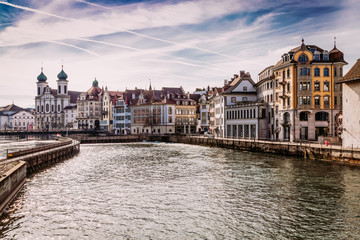 Beautiful old town architecture over Reuss river in Lucerne city, Switzerland