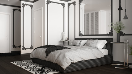 Modern white and gray bedroom in classic room with wall moldings, parquet, double bed with duvet and pillows, minimalist bedside tables, mirror and decors. Interior design concept