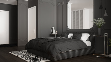 Modern gray bedroom in classic room with wall moldings, parquet floor, double bed with duvet and pillows, minimalist bedside tables, mirror and decors. Interior design concept