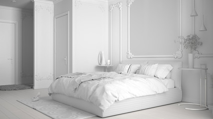 Fototapeta na wymiar Total white project draft of modern bedroom in classic room with wall moldings, parquet, double bed with duvet and pillows, mirror and decors, interior design architecture concept