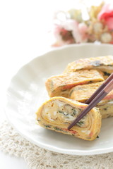 Japanese food, homemade, shiso herbal and egg roll Tamagoyaki