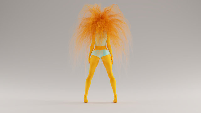 Gulf Blue Turquoise and Orange Strong Girl Standing with Big Mad Hair Rear View 3d Illustration 3d render