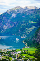 Fjord Geirangerfjord with cruise ship, Norway.