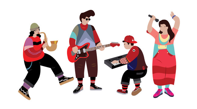 Vector Illustration of Colorful Jazz Band Musician. A Group of Singer, Guitarist,Saxophonist, and Keyboardist in a Band Performing Together.