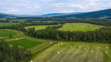 Stacked like a pyramid,bales of silage , wrapped in a membrane. Fresh mown hay in white plastic packaging in autumn field. The agricultural landscape. toning