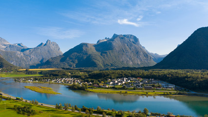 Beautiful nature of Norway. A village on the fjord coast