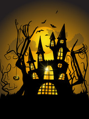 Halloween background with a Spooky Haunted Halloween Castle and a Full Moon