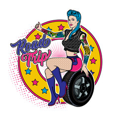 Rockabilly Girl Sitting On A Wheel. Pretty Woman Catches The Car.