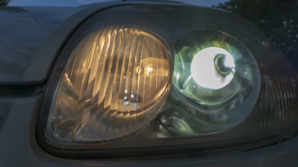 the car headlight close up