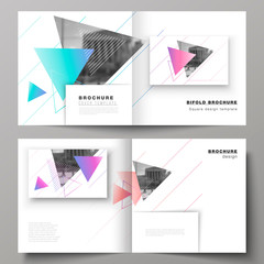 The vector illustration of editable layout of two covers templates for square design bifold brochure, magazine, flyer, booklet. Colorful polygonal background with triangles with modern memphis pattern