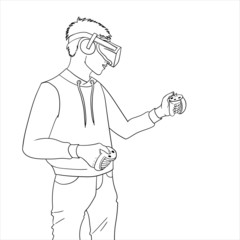 Man wearing virtual reality. Teenage hobby. Young man wearing VR-glasses. Virtual reality gaming.