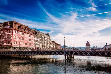 Obraz premium Old town buildings over Reuss river in Lucerne city, Switzerland