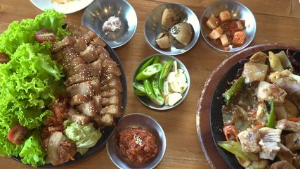 Traditional Korean cuisine top view eating pork belly