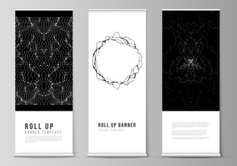 The vector illustration layout of roll up banner stands, vertical flyers, flags design business templates. Trendy modern science or technology background with dynamic particles. Cyberspace grid.