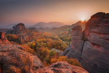 Belogradchik rocks. Magnificent panoramic sunset view of the Belogradchik rocks in Bulgaria. Autumn scene.