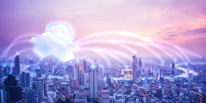 Cityscape panorama with security system.