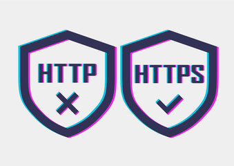 http and https icons with shield in 3d stereo effect style