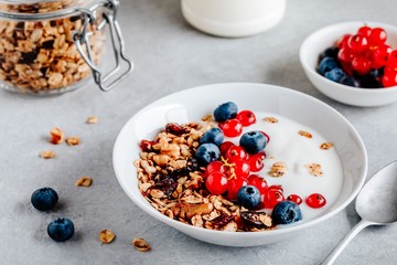 Healthy breakfast bowl with granola, blueberries, red currants and yogurt.