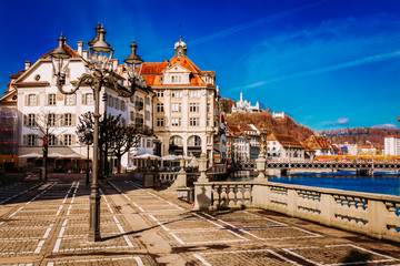 Old town buildings over Reuss river in Lucerne city, Switzerland