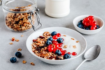 Healthy breakfast bowl with granola, blueberries, red currants and yogurt.