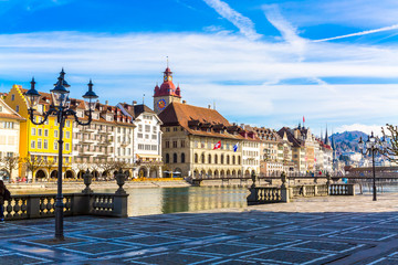 Old town buildings over Reuss river in Lucerne city, Switzerland
