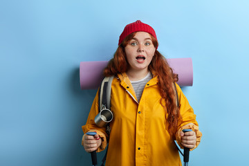 funny beautiful woman enjoying hiking , health and body care, wellness, wellbeing. close up portrait, studio shot. lifestyle, free time, spare time