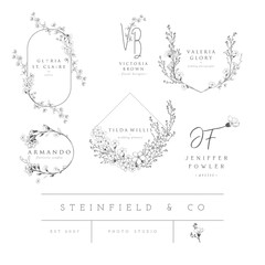 Vector set of line design elements for floral logos, frames and border. Decorated with detailed delicate flowers and brunches - 289829295