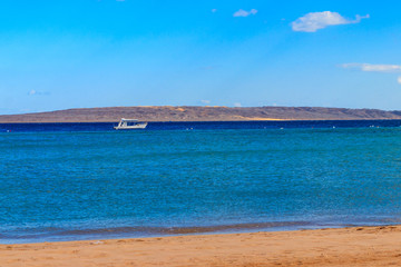 White motorboat sailing in the Red sea, Egypt