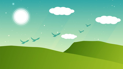 Fototapeta premium Green Field At Sunset Vector Background