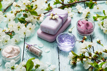 cosmetics, soaps and cherry flowers