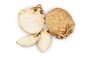 Fresh celery root isolated on white background. Top view. Flat lay.
