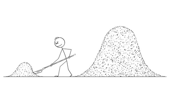 Vector cartoon stick figure drawing conceptual illustration of man or construction worker or builder with shovel shoveling two big piles of dirt or sand.
