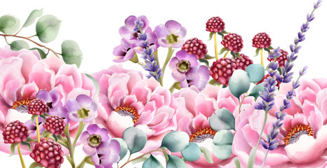 Wild nature watercolor flowers bouquet vector. Delicate postcard