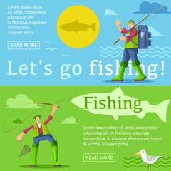 Fishing banners set. Fisherman in various situations. Flat vector illustration of 2 banner horizontal concepts for web and print.