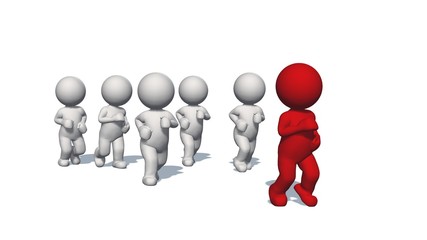 3D white humans running with a red human - isolated on white backgound - 3D illustration
