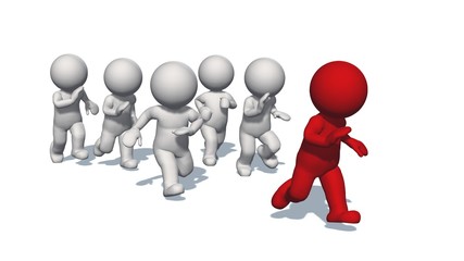 3D white humans running with a red human - isolated on white backgound - 3D illustration