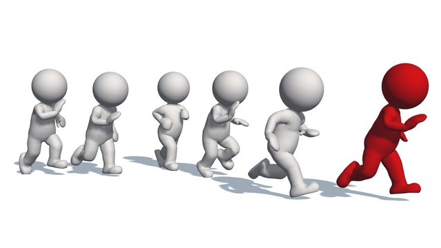 3D white humans running with a red human - isolated on white backgound - 3D illustration