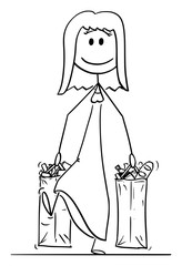Vector cartoon stick figure drawing conceptual illustration of happy smiling woman carrying big shopping bags full of food and other goods or groceries.