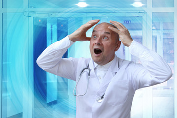 doctor in a white coat with a phonendoscope around his neck, in despair stretches his arms, screaming, opening his mouth
