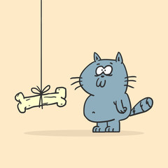 Cartoon gray cat and bone on rope. Funny character