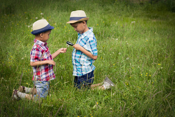 Two boys with magnifying glass outdoors. The concept of friendship of children, brothers, nature research, search and discovery, science and knowledge in biology and botany. Asian children. Image.