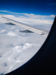 Fototapeta na wymiar airplane wing in a blue cloudy sky