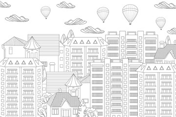 fancy cityscape with flying hot air balloons in the sky for your