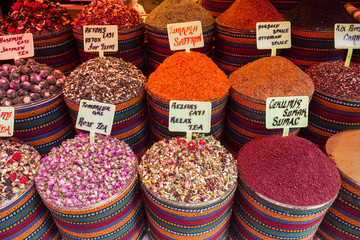Seasonings Spices and dry teas in Istanbul's Eastern street market.