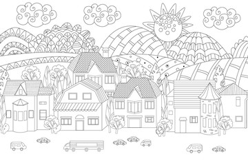 fancy mountain cityscape for your coloring page