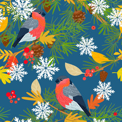 night seamless texture with cute bullfinches in fable forest for